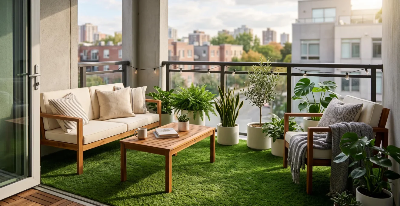 Balcon urbain moderne entièrement aménagé avec du gazon synthétique vert couvrant le sol, agrémenté de meubles en bois et de plantes en pots blancs