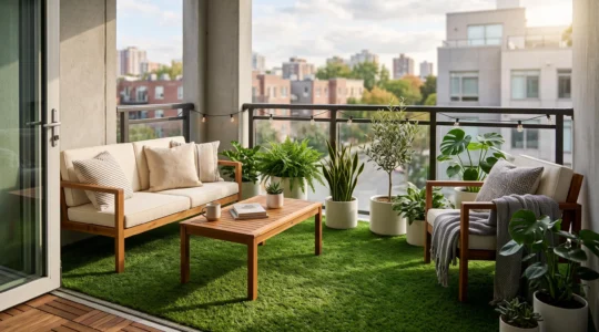 Balcon urbain moderne entièrement aménagé avec du gazon synthétique vert couvrant le sol, agrémenté de meubles en bois et de plantes en pots blancs