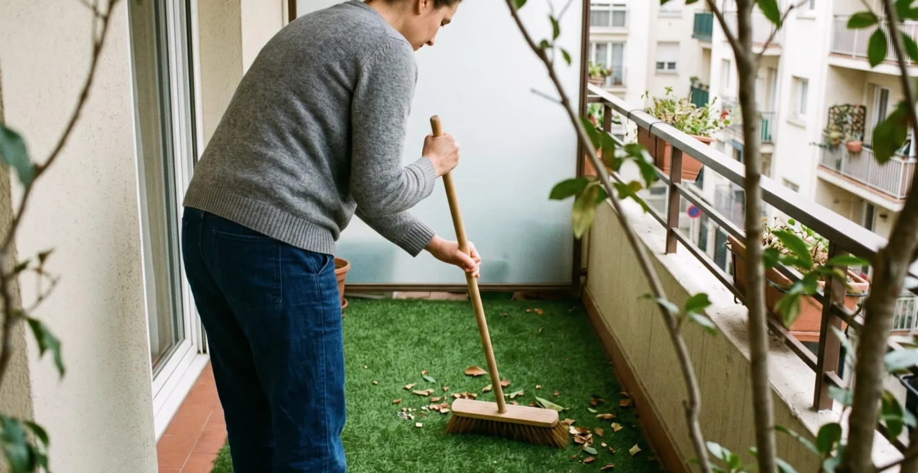 Une personne nettoie facilement le gazon synthétique de son balcon avec un simple balai, démontrant la simplicité de l'entretien