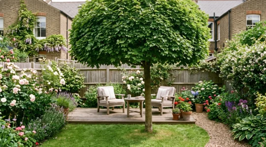 Petit jardin aménagé avec un arbre à port boule créant une zone d'ombre au-dessus d'une terrasse en bois avec mobilier de jardin